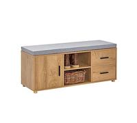 SoBuy Banc Rangement Chaussures 110x35x47cm pour entrée | Meuble d'entrée avec 4 compartiments et 2 tiroirs, PB/MDF E1, coussin 4cm, charge 150kg, naturel FSR148-N