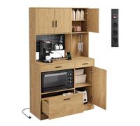 SoBuy Buffet Cuisine avec 3 Prises 2 USB et LED Double Mode 100×40×170 cm | Meuble de cuisine avec panneau perforé, étagères réglables et porte-verres, MDF/PB, cuisine et salle à manger, FSB98-L-E-N