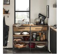 SoBuy Buffet Industriel Cuisine avec Étagères, Tiroirs et Range-Bouteilles, Meuble Micro-Ondes 120x91x45cm, Marron