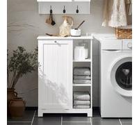 SoBuy Armoire à Linge avec Sac à Linge, Meuble Bas de Salle de Bain, Coffre à Linge, Porte Vêtement, Corbeille à Linge Sale avec 3 étagères et 1 Panier à Linge Amovible, 60x37x86 cm, BZR105-W
