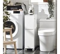 SoBuy Armoire WC Toilettes Compact, Meuble de Rangement Salle de Bain Étroit avec roulettes, Meuble WC 20 cm avec Tiroir en Bois,pour Rangement de Papier Toilette, 60x20x75cm, BZR111-W
