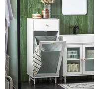 SoBuy Armoire à Linge avec Sac à Linge Corbeille à Linge Meuble Bas de Salle de Bain sur Pieds Meuble Salle de Bain avec 1 tiroir, 1 Porte en Verre et 1 Panier à Linge Amovible 40x40x96cm, BZR116-W