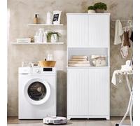 SoBuy BZR150-W Armoire de Salle de Bain Haute avec Sac à Linge, 2 Paniers à Linge Amovibles, Étagères Réglables, Compartiments Blanc G