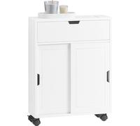 SoBuy BZR31-W Étagère de salle de bain en niche Chariot de salle de bain avec 2 portes coulissantes et 1 abattant Commode pour salle de bain Étagère de salle de bain blanche LHT env. : 52x67x17cm