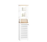 SoBuy Meuble Colonne Salle de Bain Étroit avec Étagères Ouvertes et Porte à Lames - Armoire de Rangement Haut pour Salle de Bain, WC, Cuisine ou Buanderie, Blanc-Bois, 160x40x30cm, BZR43-W
