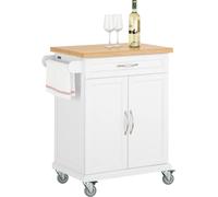 SoBuy Chariot de cuisine Chariot de service avec plateau en bambou Armoire de cuisine Ilot de cuisson - bois, blanc - env. 66 x 91 cm x 46 cm