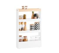 SoBuy Chariot de Rangement à roulettes 15 cm Desserte Cuisine Compacte à 3 Niveaux avec Poignée, Étagère Fine pour Cuisine, Salle de Bain ou Bureau, Meuble Rangement Blanc et Bois 15x50x80 cm NSR12-W