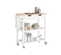 SoBuy Chariot de Service, 2 tiroirs, 2 étagères & 4 Roues, 85x90x39cm | Desserte à roulettes avec plateau en hévéa & porte-torchon, charge 50 kg, pin/MDF, pour cuisine & salle à manger, FKW68-WN