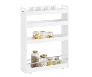 SoBuy Chariot Slim de Rangement à 4 Roues, Étagère Salvaspazio à 4 Niveaux avec Barres Anti-Chute, Unité de Rangement Compacte pour Cuisine, Salle de Bain, Produits de Beauté 60 x 18 x 82 cm NSR01-W