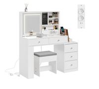 SoBuy Coiffeuse avec LED, Station de Charge et Tabouret, 120x40x127cm | Table de maquillage avec miroir coulissant, 3 lumières réglables, 5 tiroirs et étagères ouvertes, 168kg de charge FWT114-E-W