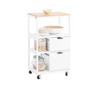 SoBuy Desserte Cuisine avec Freins, 2 tiroirs, 3 étagères, 89x53x37 cm | Chariot de Cuisine avec plan stable et poignée intégrée, 42 kg de charge, PB/métal, cuisine/maison, Blanc-Naturel, FKW111-WN