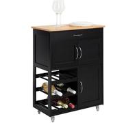 SoBuy Desserte de Cuisine Roulante avec Tiroir, Placards et Porte-Bouteilles, Plateau en Bois Massif, Noir, L67, FKW45-SCH