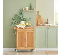 SoBuy Desserte de Cuisine À Roulettes en Bambou avec Plateau Inox Tiroir et Placard Meuble Plan de Travail 66x46x92cm