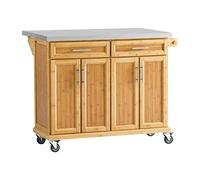 SoBuy® FKW69-N Desserte sur roulettes Meuble de Cuisine de Service Roulant en Bambou - Plans de Travail en Acier INOX Rabattables - Grande Armoire de Rangement