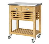 SoBuy desserte de Cuisine avec roulettes Meuble Cuisine en Bambou avec Plan de Travail INOX îlot Central Compact, Chariot de Service pour Cuisine, Salon, extérieur 73x93x46cm FKW40-N
