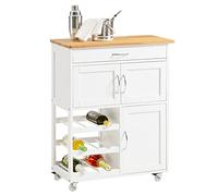 SoBuy Desserte de Cuisine, Chariot de Service Roulant, Armoire de Rangement sur roulettes, Plateau en Bois d'Hévéa, avec Tiroir, Porte-Bouteilles et Portes, L67xH87xP37cm, Blanc, FKW45-WN