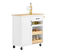 SoBuy Desserte de Cuisine sur Roues - Meuble Cuisine avec Plan de Travail en Bois de Caoutchouc, Unité de Cuisine Autonome pour Salle à Manger et Station Café 92 x 42 x 87 cm Blanc FKW131-WN