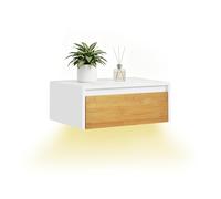 SoBuy Etagère Murale avec Lampe à détecteur de Mouvement Amovible, Tablette Murale Flottante avec tiroir, étagère Suspendue pour Couloir, entrée ou Salon, 40x29.8x15.6cm, Blanc Naturel, FBT174-E-WN