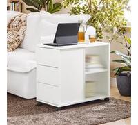 SoBuy FBT141-W Bout de Canapé, Table d'appoint Roulante, Table Basse, Table à Café avec 3 Tiroir, pour Salon, Bureau, Chambre, Bois et Verre Blanc