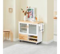SoBuy FKW114-WN Ilot de cuisine mobile sur roulettes avec 2 portes vitrées, chariot de cuisine avec plan de travail Chariot de cuisine Cuisine Unité de rangement sur roulettes