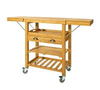 Sobuy® Fkw25-N Desserte Roulante Chariot De Cuisine En Bambou - Plans De Travail Rabattables, Plateau De Petit Déjeuner Amovible Et Porte-Bouteilles Intégré L65(95/125) Xp40xh92cm Ecru