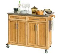 SoBuy® FKW69-N Desserte sur roulettes Meuble de Cuisine de Service Roulant en Bambou - Plans de Travail en Acier INOX Rabattables - Grande Armoire de Rangement