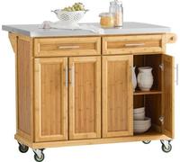 SoBuy FKW69-N Ilot de cuisine Chariot de cuisine Armoire de cuisine Chariot de service avec plan de travail extensible en inox Bambou