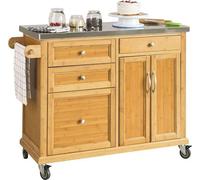SoBuy FKW70-N Chariot de cuisine Ilot de cuisine Chariot de cuisine Armoire de cuisine en bambou de haute qualité avec plan de travail en acier inoxydable