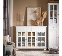 SoBuy Buffet Bas Commode Cuisine Salon Entrée 3 Portes Vitrées 2 Tiroirs Rangement Meuble L119xP40xH90cm Blanc