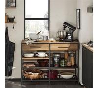 SoBuy Buffet Industriel Cuisine avec Étagères, Tiroirs et Range-Bouteilles, Meuble Micro-Ondes 120x91x45cm, Marron