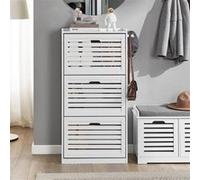 SoBuy Meuble à Chaussures Meuble d'Entrée avec 3 Abattants et Crochets - Armoire à Chaussures Rangement pour Chaussures avec Porte-Manteau - Meuble à Chaussures Blanc 55x30x112 cm - FSR108-W