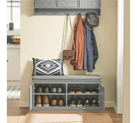 SoBuy Banc de rangement pour chaussures avec siège rembourré et portes, gris 90x34x46 cm