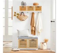 SoBuy Meuble Bas d’Entrée avec Coussin Rembourré, Banc à Chaussures avec Rangement et Étagères Réglables, MDF Écru 71x35x43 cm