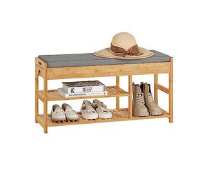 SoBuy FSR47-N Banc à Chaussures avec Assise Rembourée et Tiroirs, Banquette Rangement Chaussure avec Tiroirs Latéraux en Bambou L90xP30xH45cm