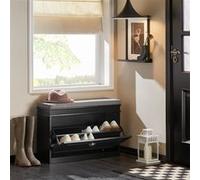 SoBuy Banc à Chaussures, Meuble à Chaussures avec Assise Coussin Rembourré et 1 Abattant, Rangement à Chaussure, Banc de Rangement pour Salon, Entrée, Chambre, L75xP24xH51 cm, Noir, FSR82-L-SCH