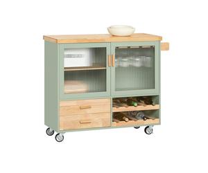 SoBuy Ilot Central Cuisine, roulettes, casier à vin, vitré, 110×40×92 cm | Desserte cuisine avec 2 tiroirs, porte-serviettes, charge 90 kg, MDF/hévéa, cuisine/salle à manger/café, FKW114-GR