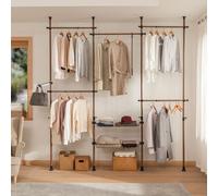 SoBuy KLS04-BR Portemanteau télescopique avec 2 paniers Système de penderie télescopique Système d'étagères réglable Naturel