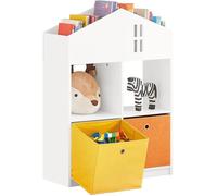 SoBuy Meuble de Rangement pour Livres et Jouets pour Enfant, Étagère à Livres pour Enfants Mini Bibliothèque en Forme de Maison pour Chambre d'enfants, 2 Paniers, 65x27x91 cm, KMB49-W