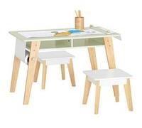 SoBuy KMB92-GR Ensemble Table d’Enfant + 2 Tabourets pour Enfant, Set de 3 Pièces Table à Dessin pour Enfant avec 1 Porte-Rouleau de Papier et 2 Compartiments Ouverts G