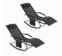 SoBuy Lot de 2 Chaises Longues Transat Pliable Jardin Fer - Bain de Soleil Ergonomique à Bascule Relax - Fauteuil Extérieur Confortable Plage pour Terrasse Balcon Camping, Noir, OGS28-SCHx2