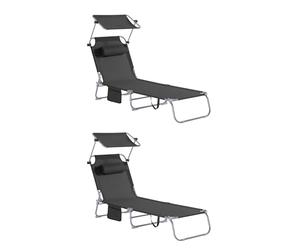 SoBuy Lot de 2 Transat Jardin Extérieur Pliable Bain de Soleil avec Oreiller Chaise Longue avec Pare-Soleil et Poche Latérale Mobilier de Jardin pour Terrasse Piscine Noir 155x56x81cm OGS48-SCHx2