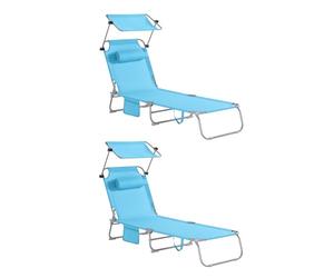 SoBuy Lot de 2 Transat Jardin Extérieur Pliable Bain de Soleil avec Oreiller Chaise Longue avec Pare-Soleil et Poche Latérale Mobilier de Jardin pour Terrasse Piscine Bleu Ciel 155x56x81 cm OGS48-Bx2