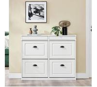 SoBuy Meuble à Chaussures 4 Abattants Blanc Effet Bois Vieilli Rangement Entrée 16 Paires 103x23x85cm