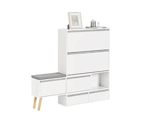 SoBuy Meuble à Chaussures, Armoire à Chaussures avec 1 Banc de Rangement Amovible sur Pieds, Meuble d'entrée avec 2 Abattants, 2 Portes, 2 Tiroirs et Coussin Assisse - (124-92) x 24 x 126 cm, FSR134-W