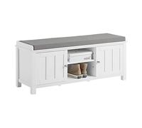 SoBuy Meuble à Chaussures Banc Rangement Chaussures avec Coussin Rembourré - Meuble Bas d'Entrée avec 2 Compartiments Ouverts et 2 Portes, MDF Laqué Blanc, 105x35x43 cm, Capacité 120kg - FSR35-W