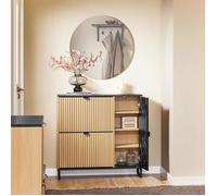 SoBuy Meuble à Chaussures Étroit Entrée 2 Abattants et Porte Latérale Rangement Compact Design Nordique Noir Bois Clair 90x24x88cm
