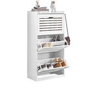 SoBuy Meuble à Chaussures Meuble d'Entrée avec 3 Abattants et Crochets - Armoire à Chaussures Rangement pour Chaussures avec Porte-Manteau - Meuble à Chaussures Blanc 55x30x112 cm - FSR108-W