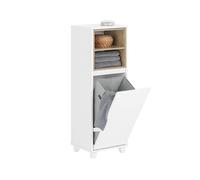 SoBuy Meuble Bas Salle de Bain 35x30x105 cm, Demi-Colonne sur Pied avec Panier à Linge et Compartiments Blanc