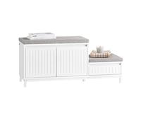SoBuy Meuble Chaussure Banc à Chaussures Entrée - Banc Rangement Chaussures avec 2 Coussins, 2 Portes et 1 Tiroir - Capacité de 181kg - Blanc - 100x35x42cm - FSR172-W