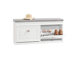 SoBuy Meuble Chaussure Rangement Chaussure Banc Chaussures Entrée - 2 Abattants avec Coussin Amovible, Coffre de Rangement Étagère pour Entrée Étroit Bois Laqué, L104xP24xH51cm, Blanc, FSR64-W
